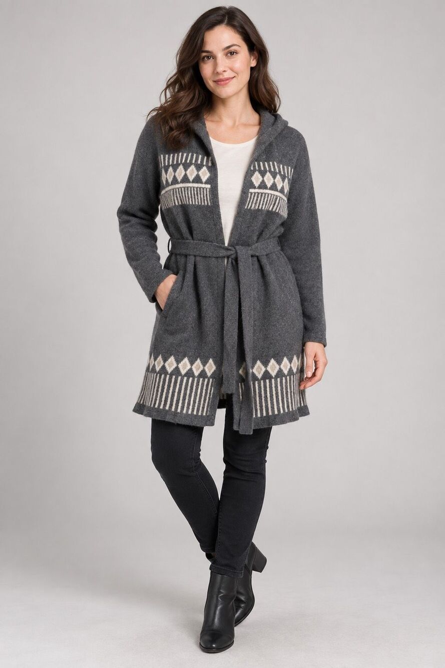 SKHOOP Women’s XL Lambswool Nordic Hooded Belted Cardigan Gray Sweden
